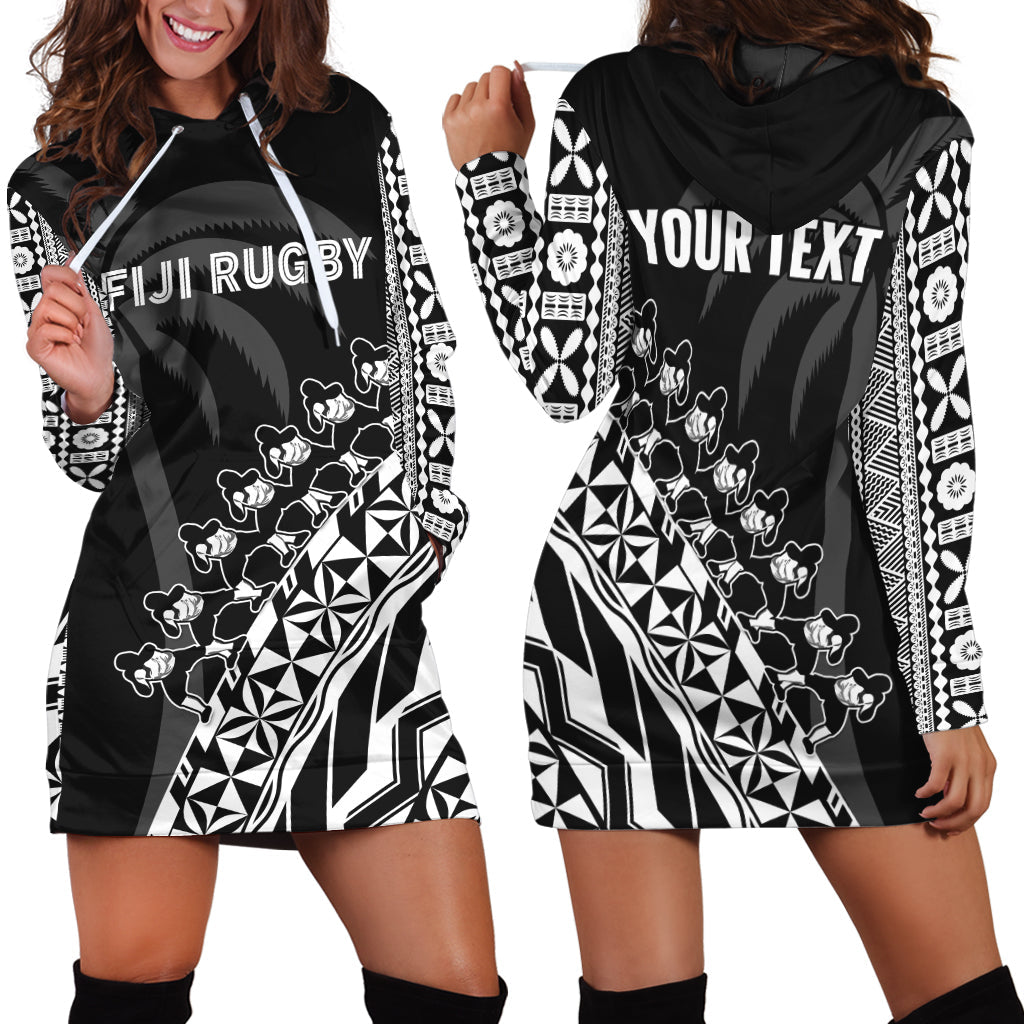 (Custom Personalised) Fiji Rugby Hoodie Dress Fijian Cibi Dance Tapa Pattern Black LT14 Black - Polynesian Pride