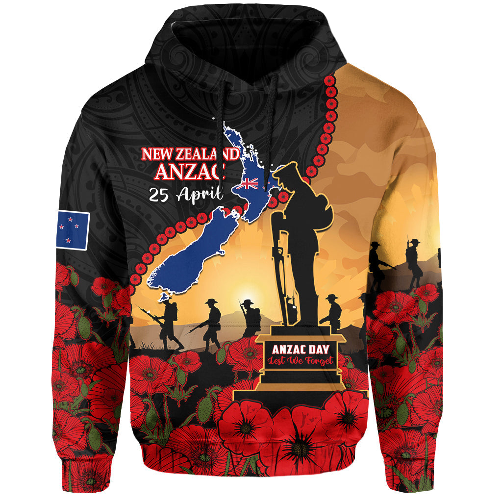 Custom New Zealand ANZAC Hoodie Maori Camouflage Mix Poppies We Will Remember Them LT14 Pullover Hoodie Black - Polynesian Pride