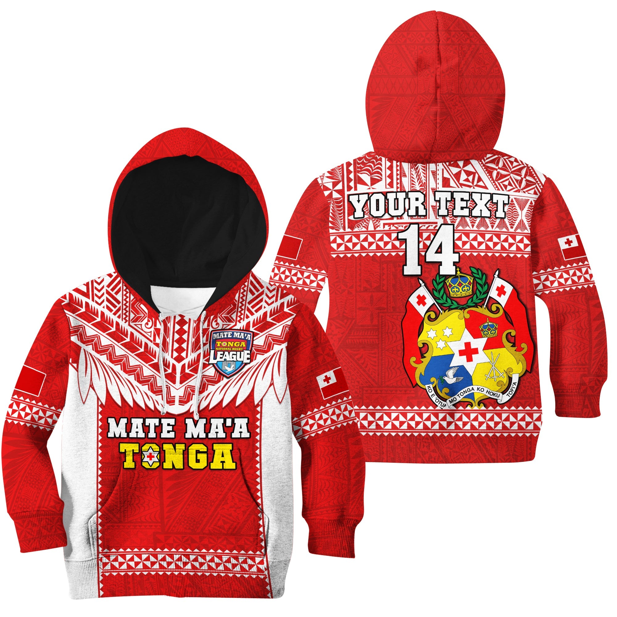 (Custom Text And Number) Tonga Rugby Hoodie KID Mate Maa Tonga Pacific Ngatu White LT14 Hoodie Red - Polynesian Pride