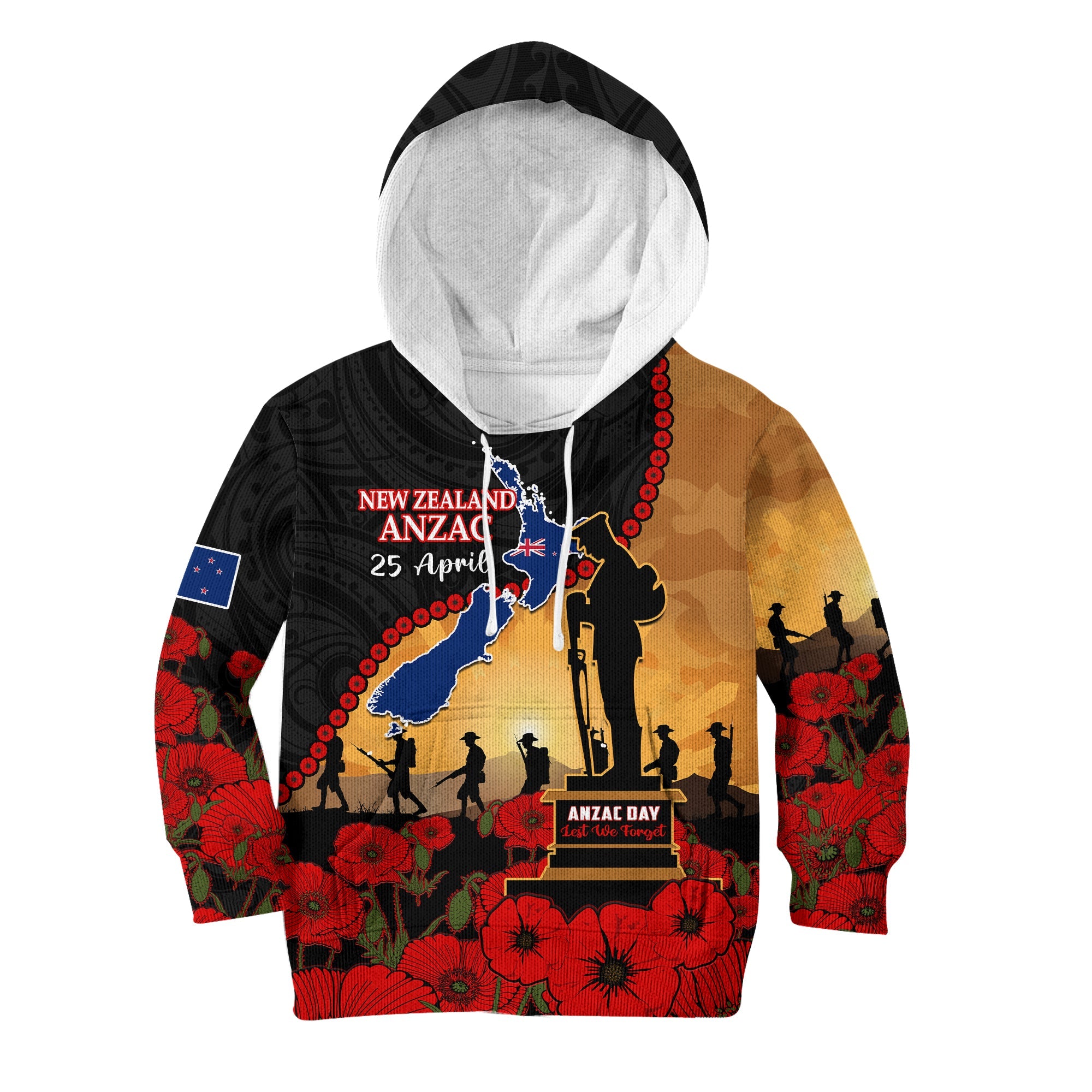 New Zealand Anzac Hoodie KID Maori Camouflage Mix Poppies We Will Remember Them LT14 Black - Polynesian Pride