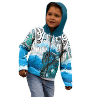 (Custom Personalised) Manaia Maori Hoodie KID Fern Aotearoa Blue Waves LT13 - Polynesian Pride