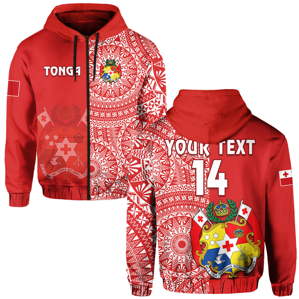 (Custom Text and Number) Tonga Hoodie Tongan Coat of Arms Ngatu Pattern LT14 Zip Hoodie Red - Polynesian Pride