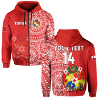 (Custom Text and Number) Tonga Hoodie Tongan Coat of Arms Ngatu Pattern LT14 Zip Hoodie Red - Polynesian Pride
