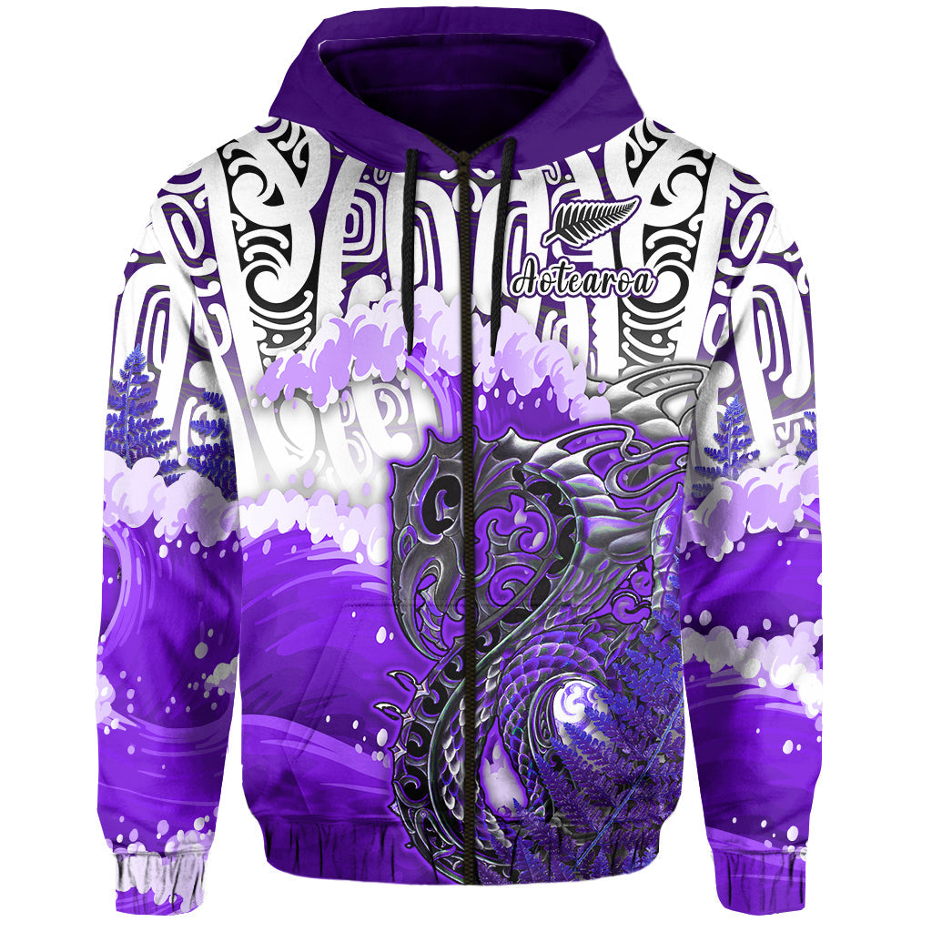 Custom Manaia Maori Hoodie Fern Aotearoa Purple Waves LT13 - Polynesian Pride