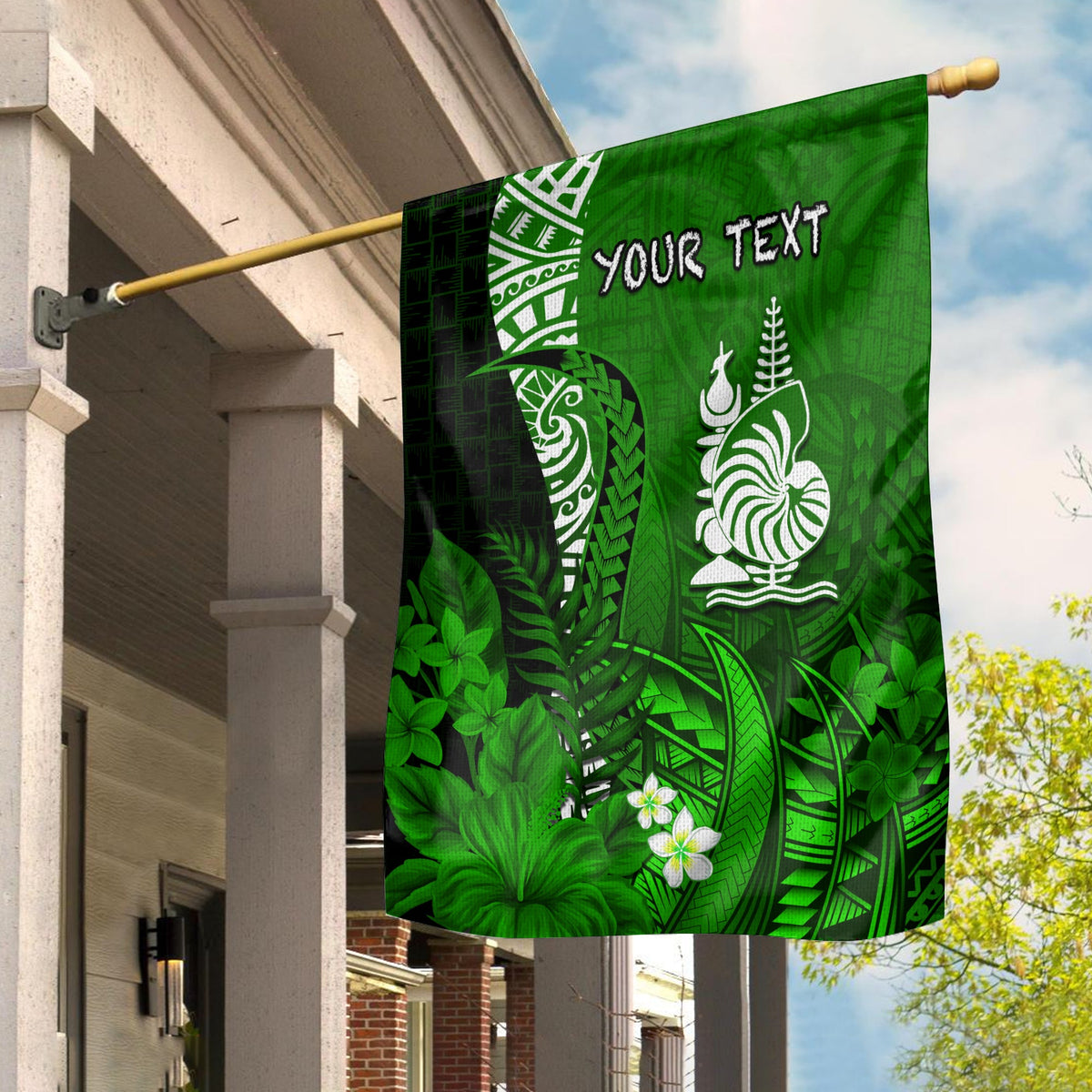 (Custom Personalised) New Caledonia Flag Nautilus Green Polynesian Hibiscus LT13 House Flag - Polynesian Pride