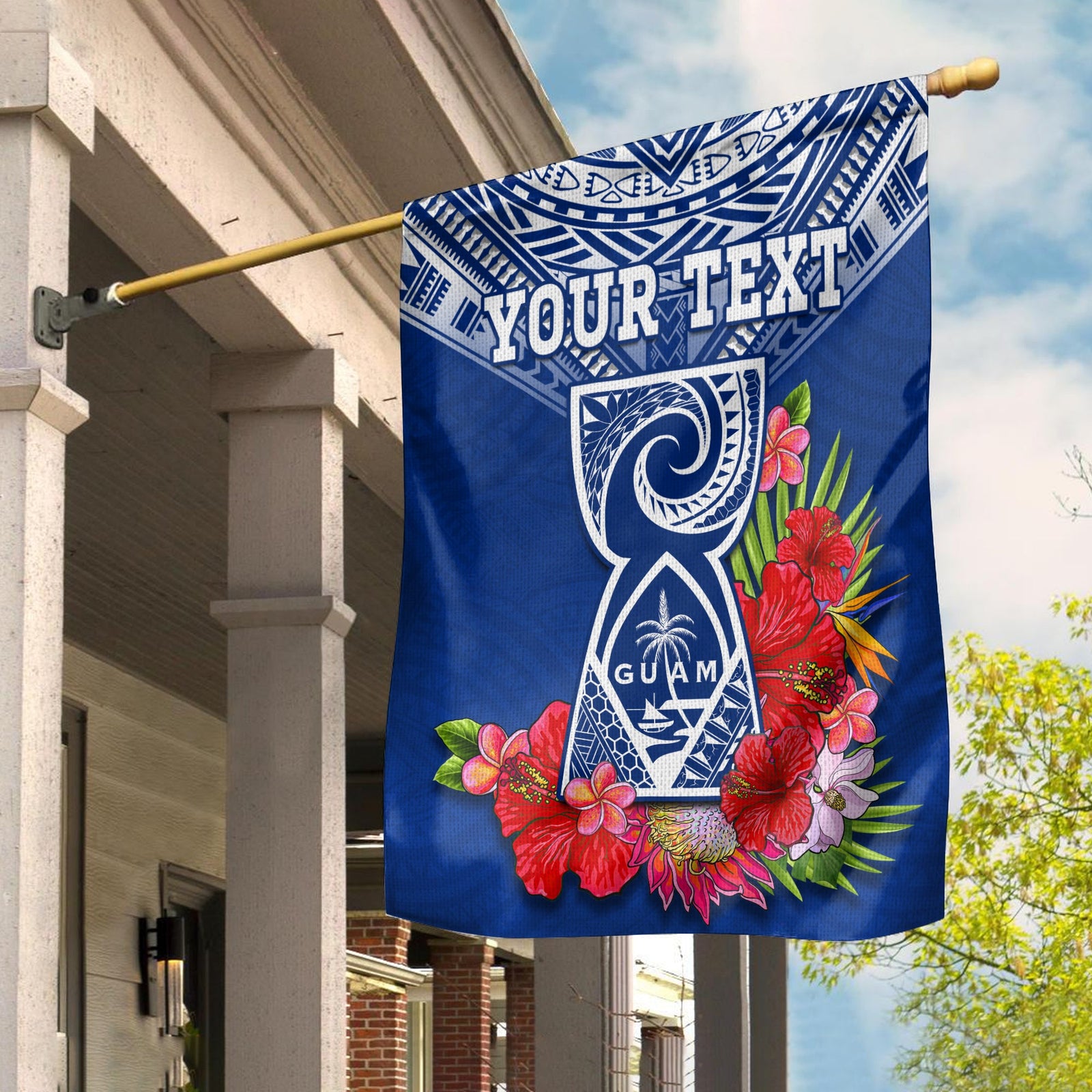 (Custom Personalised) Guam Chamorro Flag Guaman Latte Stone Tropical Flowers Blue Version LT14 House Flag - Polynesian Pride
