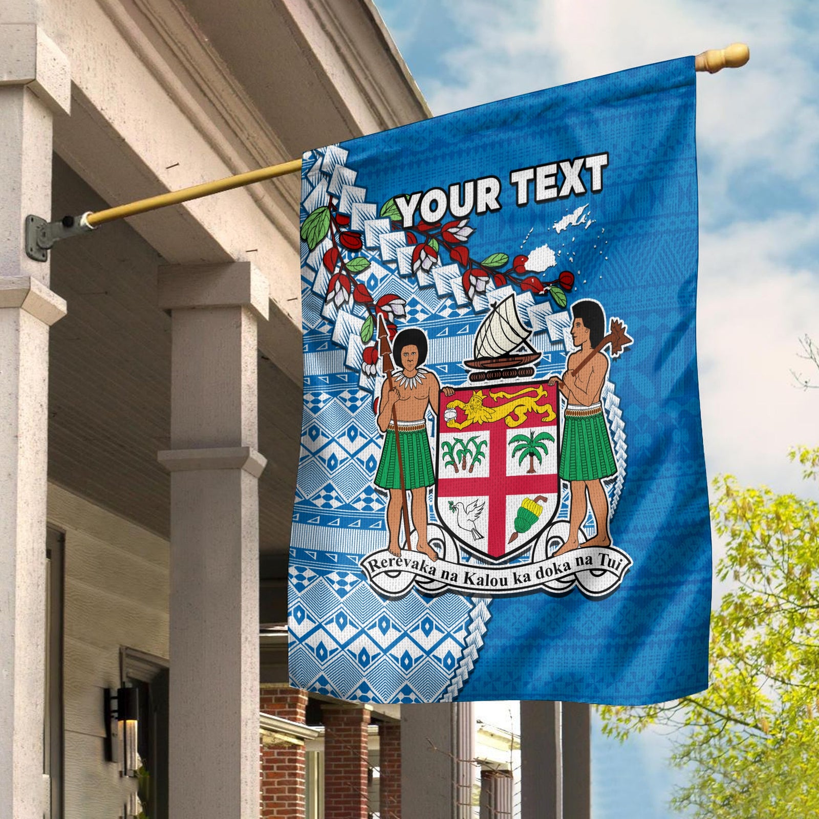 (Custom Personalised) Fiji Flag Fijian Drua Mix Tagimaucia Flower Blue Style LT14 House Flag - Polynesian Pride