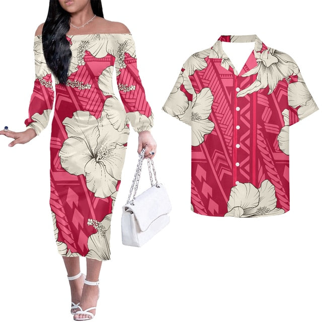 Hibiscus Hawaii Flowers Matching Hawaiian Outfits For Couple Combo Long Sleeve Dress And Hawaiian Shirt Pink - Polynesian Pride