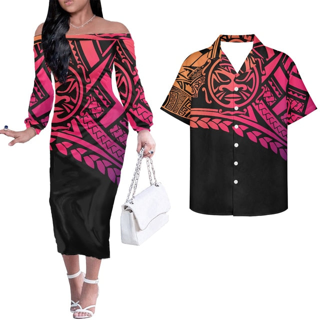 Hawaii Tribal Polynesian Matching Outfits For Couple Combo Long Sleeve Dress And Hawaiian Shirt Pink - Polynesian Pride