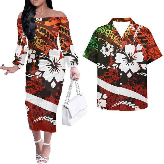 Hawaii Hibiscus Flowers Tribal Polynesian Matching Tropical Outfits For Couple Combo Long Sleeve Dress And Hawaiian Shirt Art - Polynesian Pride