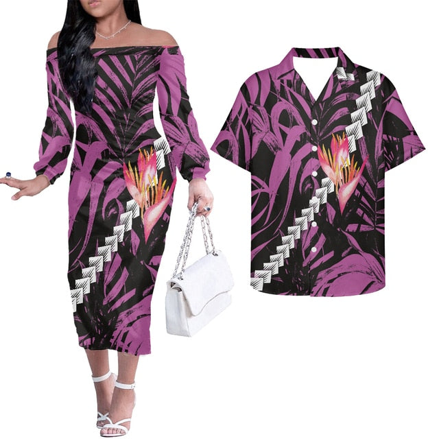 Hawaii Tropical Flowers Couples Matching Hawaiian Outfits Combo Long Sleeve Dress And Hawaiian Shirt Purple - Polynesian Pride