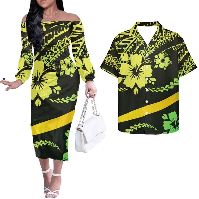 Hawaii Hibiscus Flowers Polynesian Couples Matching Hawaiian Outfits Combo Long Sleeve Dress And Hawaiian Shirt Yellow - Polynesian Pride