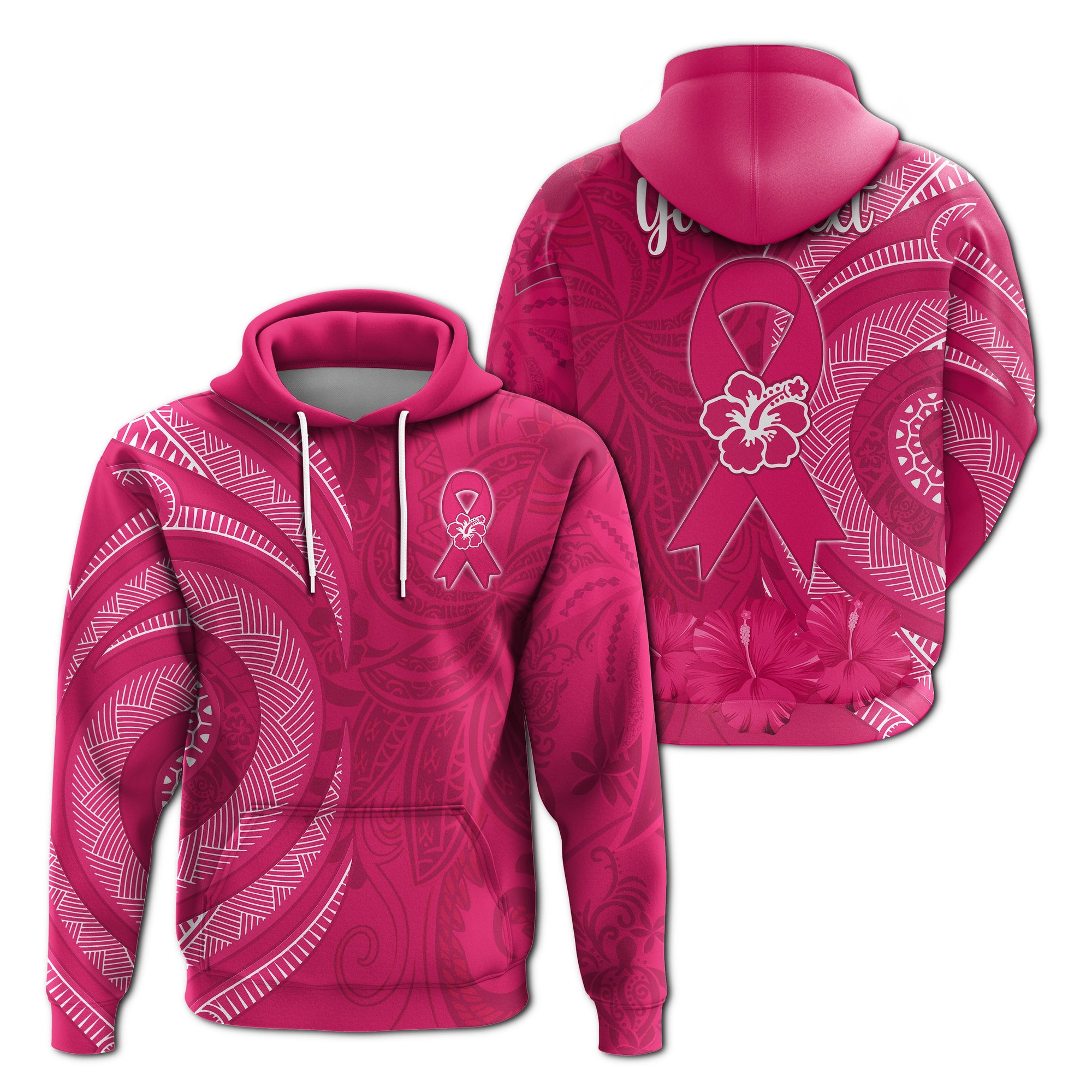 Custom Breast Cancer Awareness Hoodie Hibiscus Polynesian No One Fights Alone LT13 Pullover Hoodie Pink - Polynesian Pride