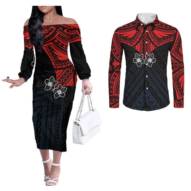 Hawaii Flower Tribal Pattern Couples Matching Hawaiian Outfits Long Sleeve Dress And Long Sleeve Button Shirt Black Red Style Red - Polynesian Pride