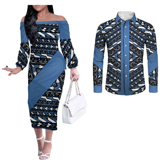 Hawaii Trial Pattern Couples Matching Hawaiian Outfits Polynesian Long Sleeve Dress And Long Sleeve Button Shirt Blue Style Blue - Polynesian Pride