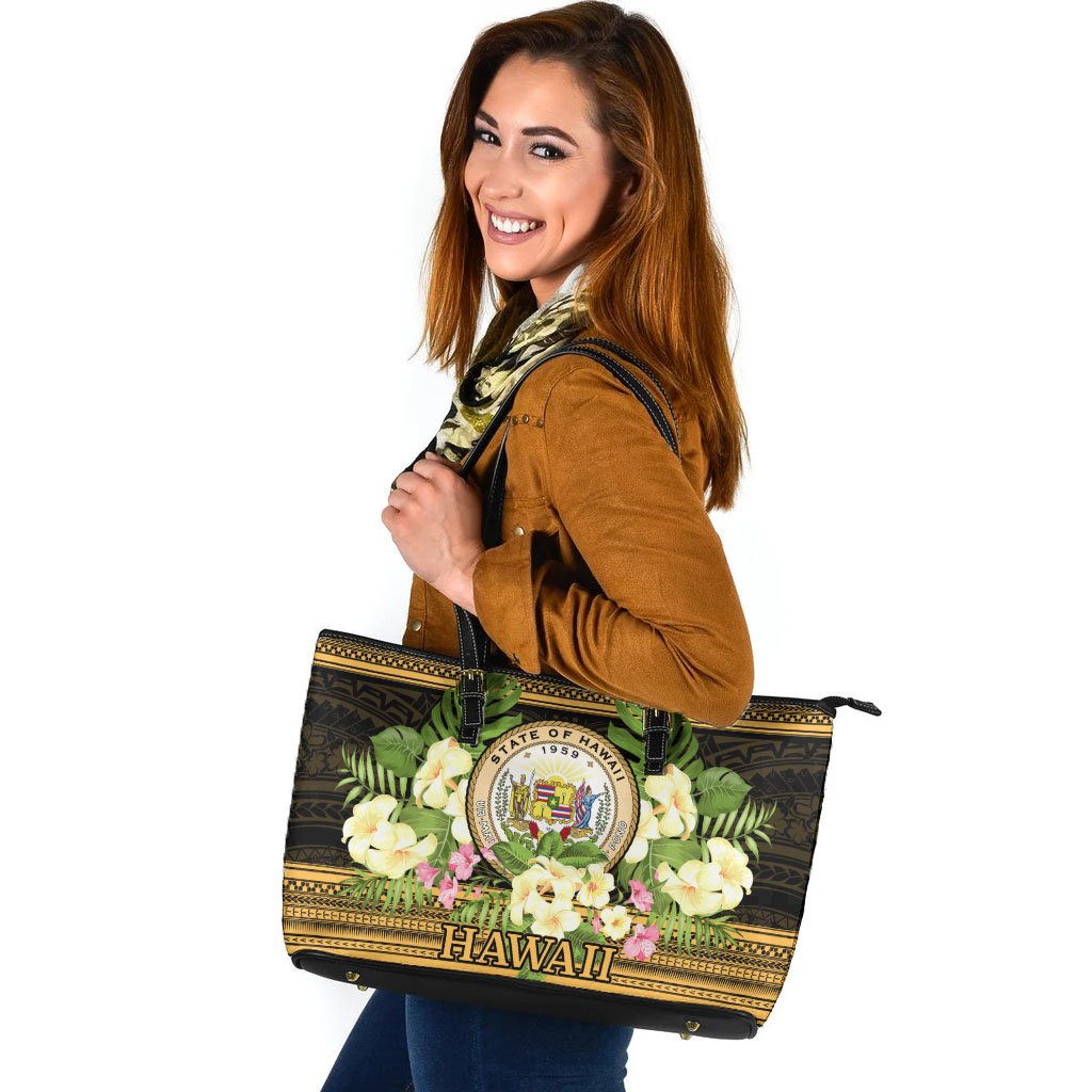 Hawaii Leather Tote - Polynesian Gold Patterns Collection Black - Polynesian Pride