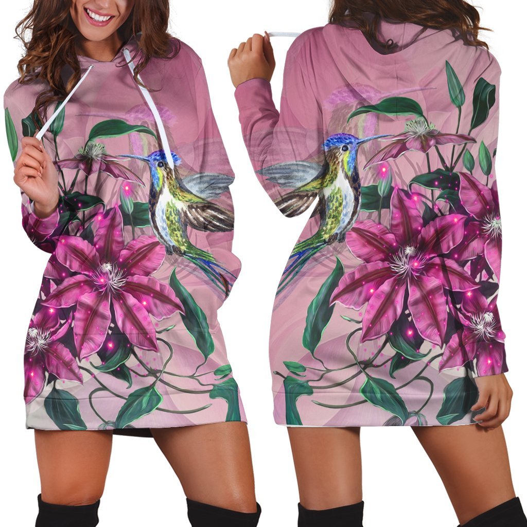 Hawaii Clematis Humming Bird Hoodie Dress - AH Black - Polynesian Pride