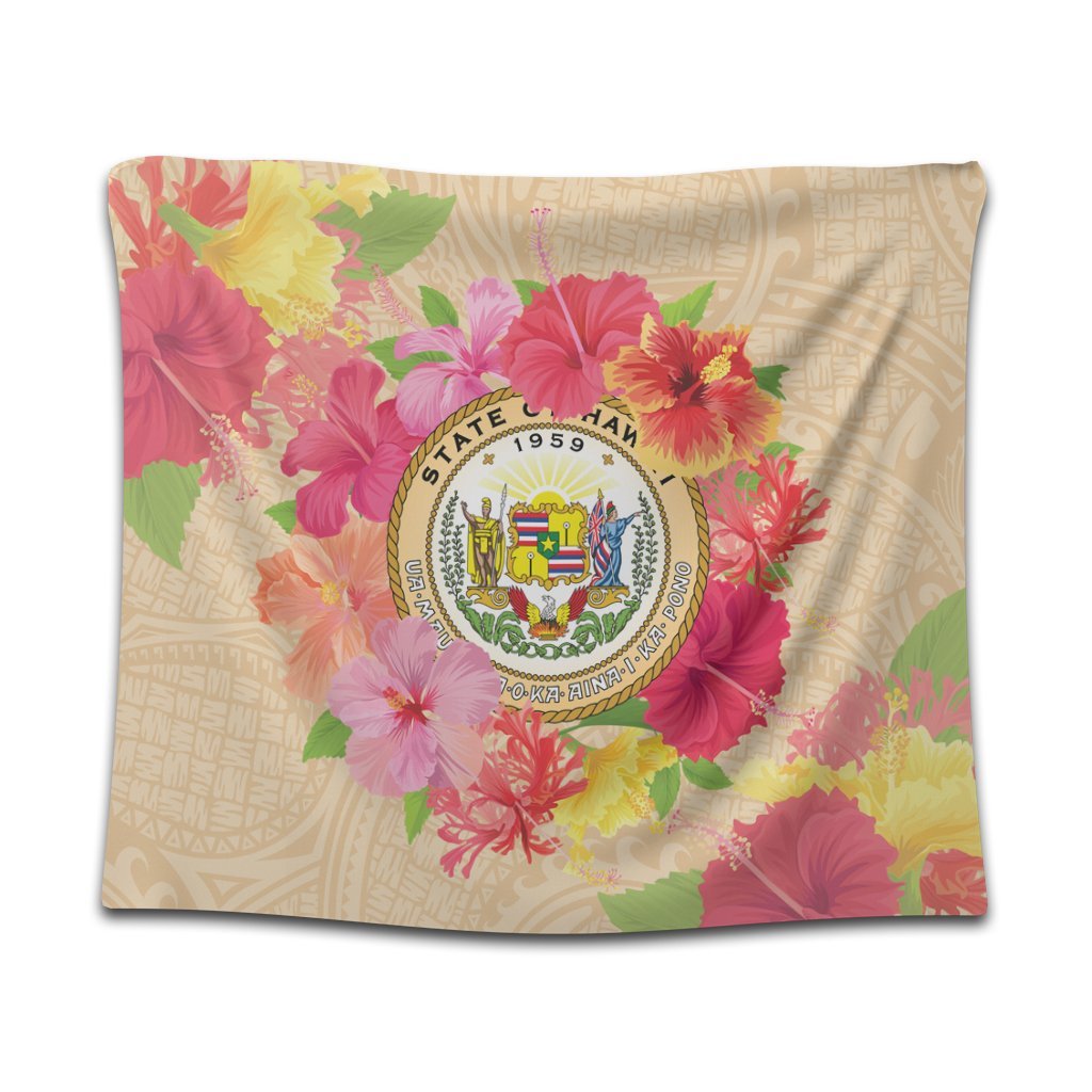 Hawaii Coat Of Arm Hibiscus Tapestry - AH Wall Tapestry Black - Polynesian Pride