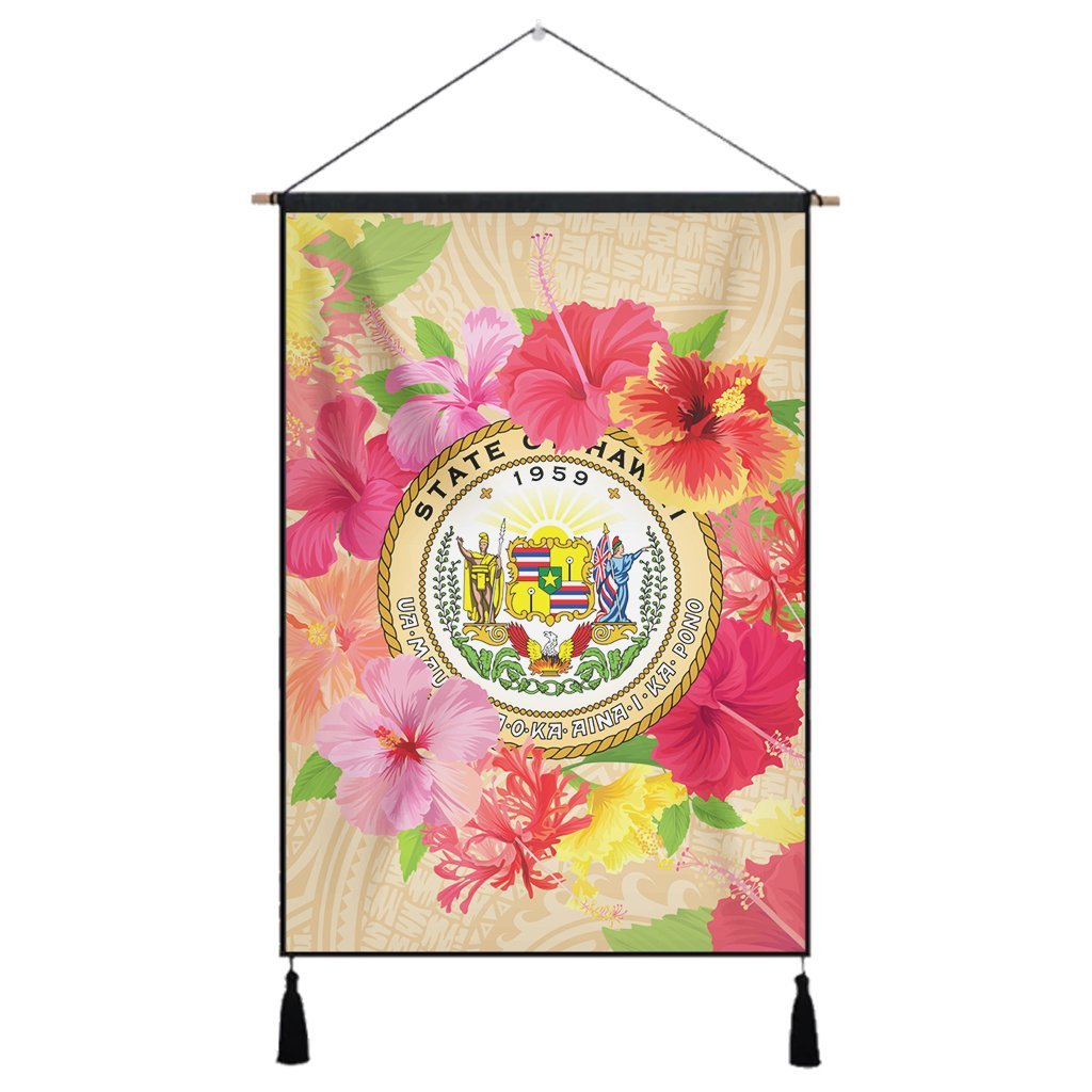 Hawaii Coat Of Arm Hibiscus Hanging Poster - AH Hanging Poster Cotton And Linen - Polynesian Pride