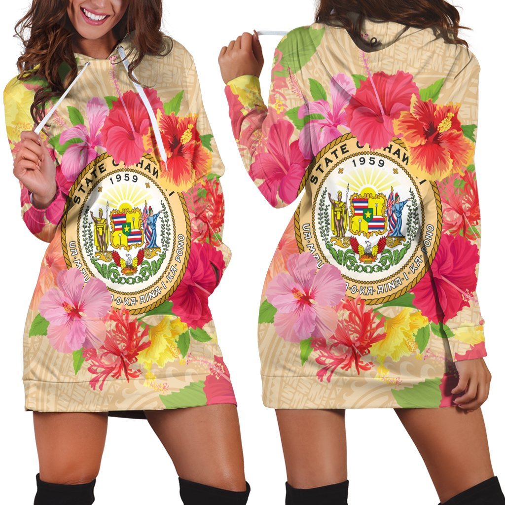 Hawaii Coat Of Arm Hibiscus Hoodie Dress - AH Black - Polynesian Pride