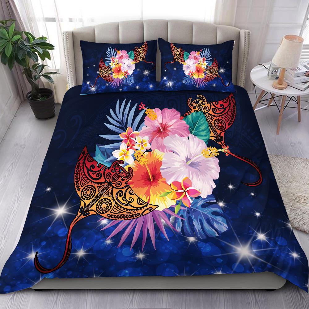 Hawaii Couple Manta Ray Plumeria Hibiscus Tropical Polynesian Bedding Set - Bling Style - AH Blue - Polynesian Pride