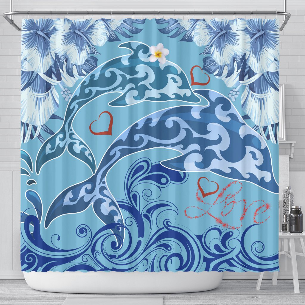 Hawaii Dolphin Couple Valentine's Hibiscus Shower Curtain - Tender Style - AH 177 x 172 (cm) Blue - Polynesian Pride