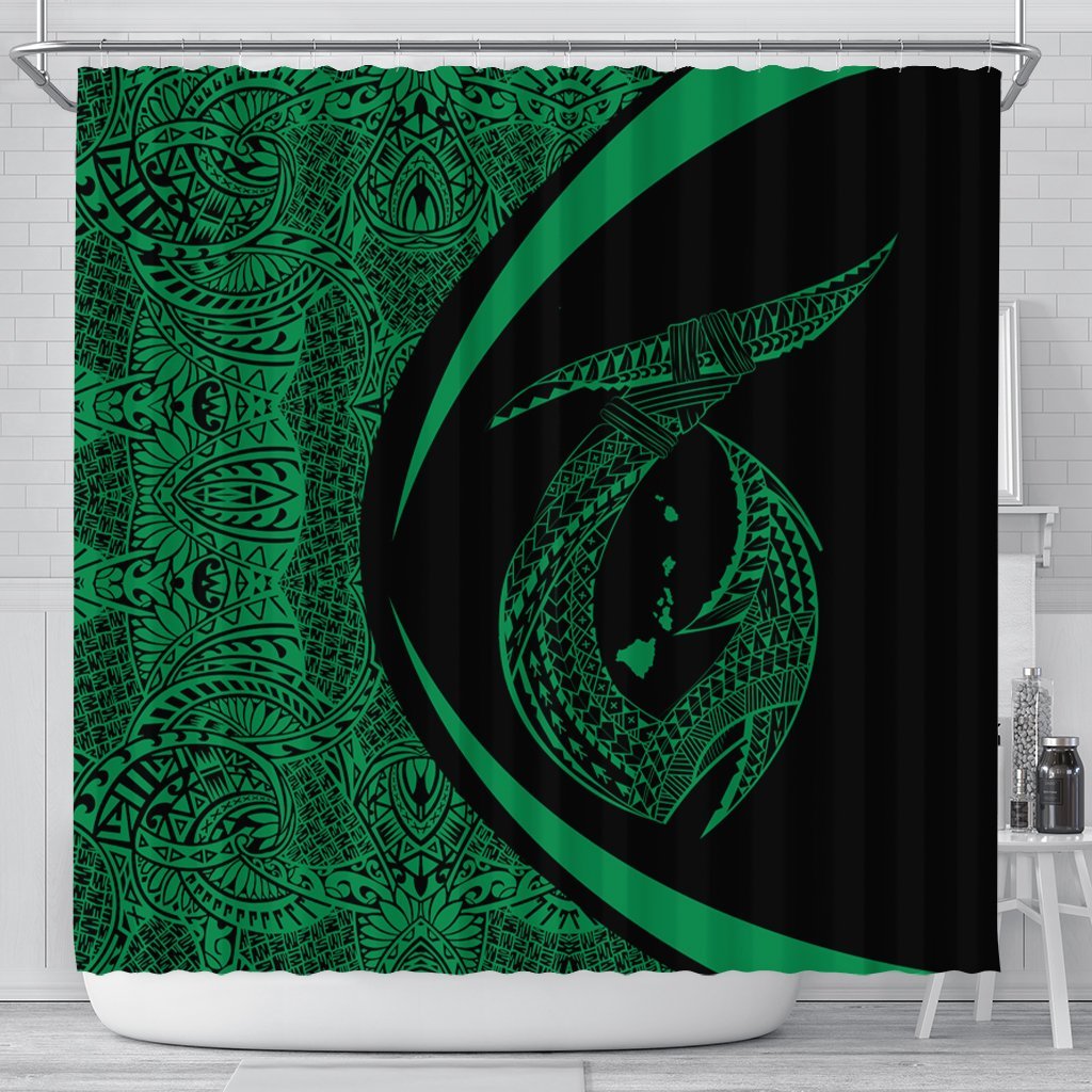 Hawaii Fish Hook Polynesian Shower Curtain - Circle Style Green - AH 177 x 172 (cm) Black - Polynesian Pride