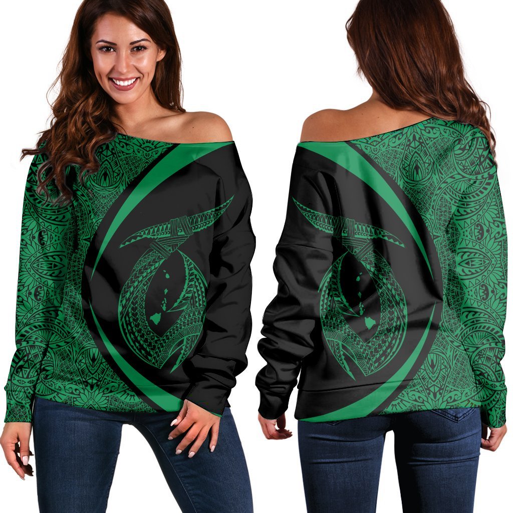 Hawaii Fish Hook Polynesian Women's Off Shoulder Sweater - Circle Style Green - AH Black - Polynesian Pride