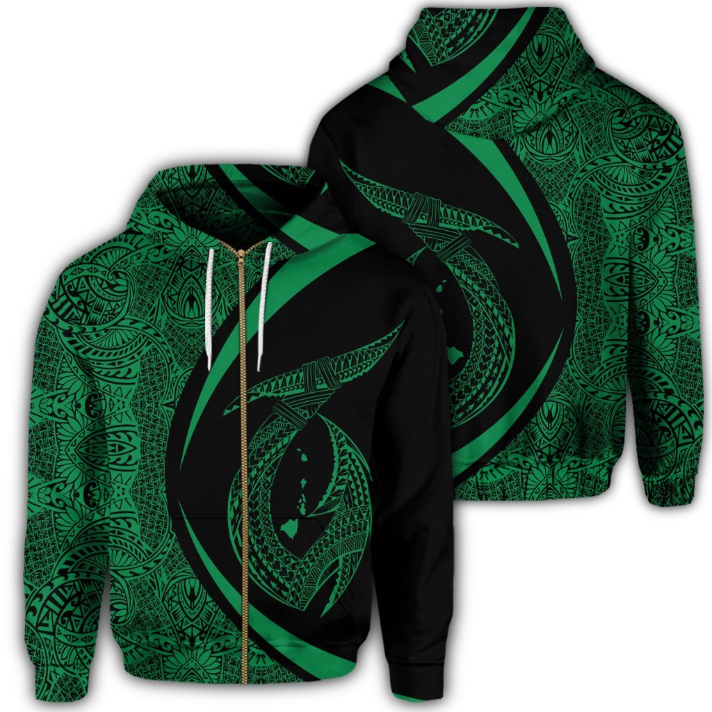 Hawaii Fish Hook Polynesian Zip Hoodie Circle Style Green Unisex Art - Polynesian Pride