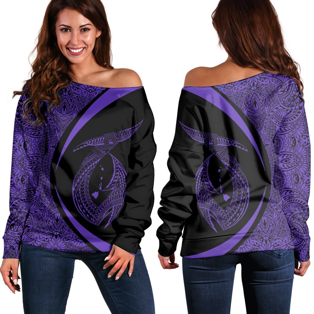 Hawaii Fish Hook Polynesian Women's Off Shoulder Sweater - Circle Style Purple - AH Black - Polynesian Pride