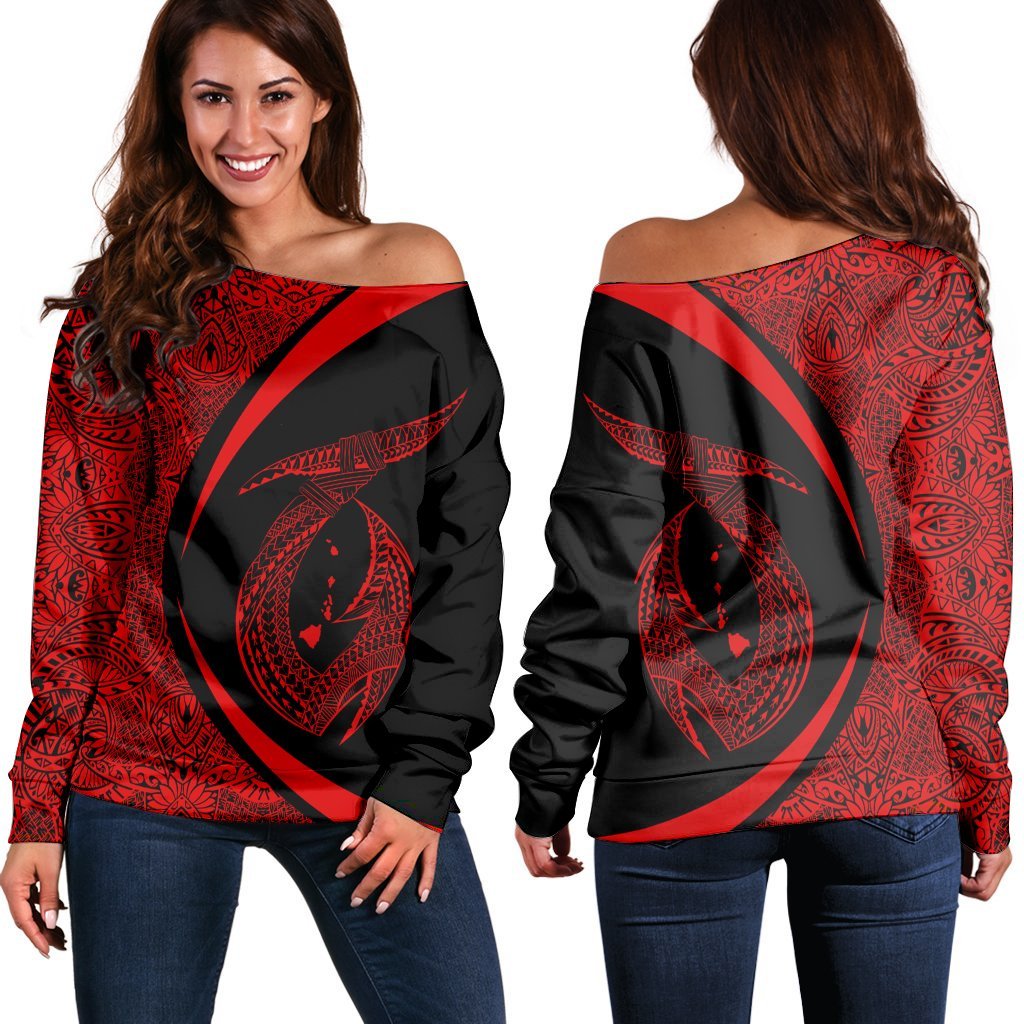 Hawaii Fish Hook Polynesian Women's Off Shoulder Sweater - Circle Style Red - AH Black - Polynesian Pride