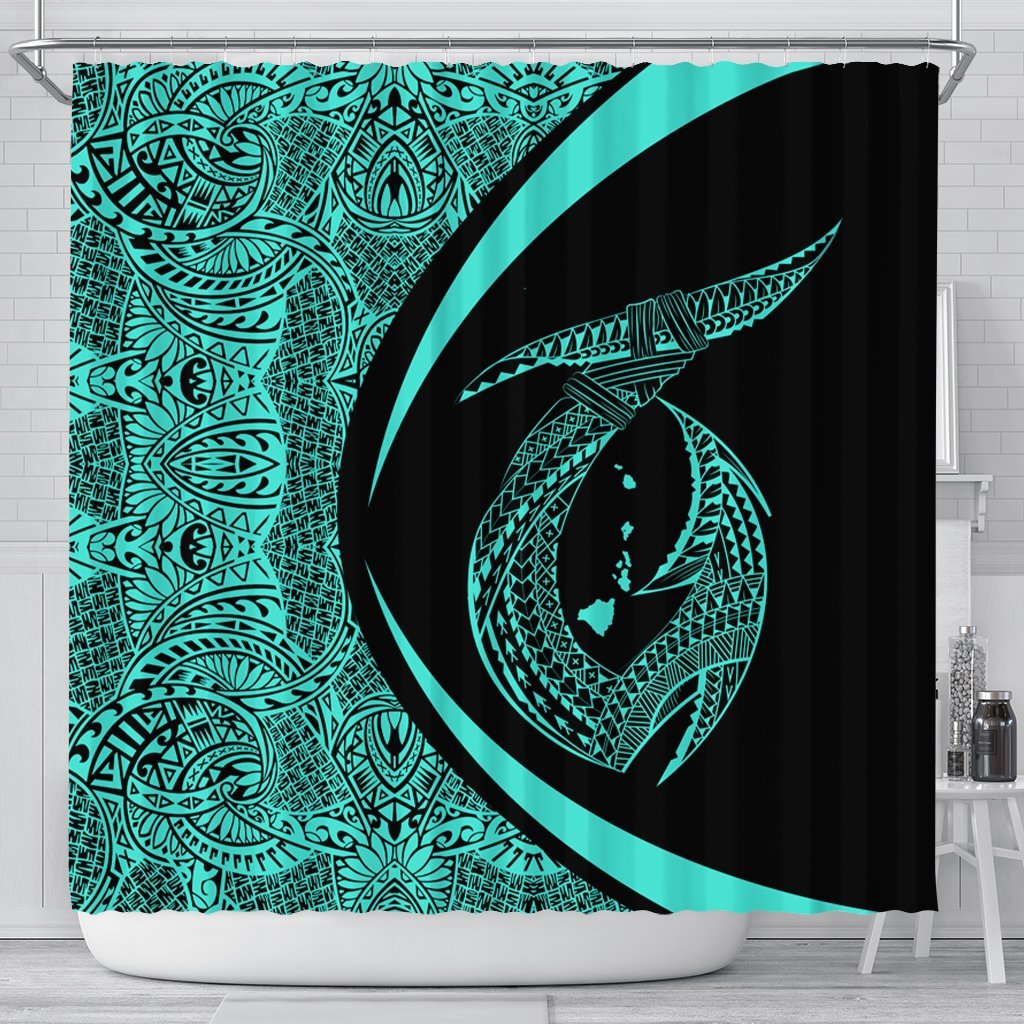 Hawaii Fish Hook Polynesian Shower Curtain - Circle Style Turquoise - AH 177 x 172 (cm) Black - Polynesian Pride