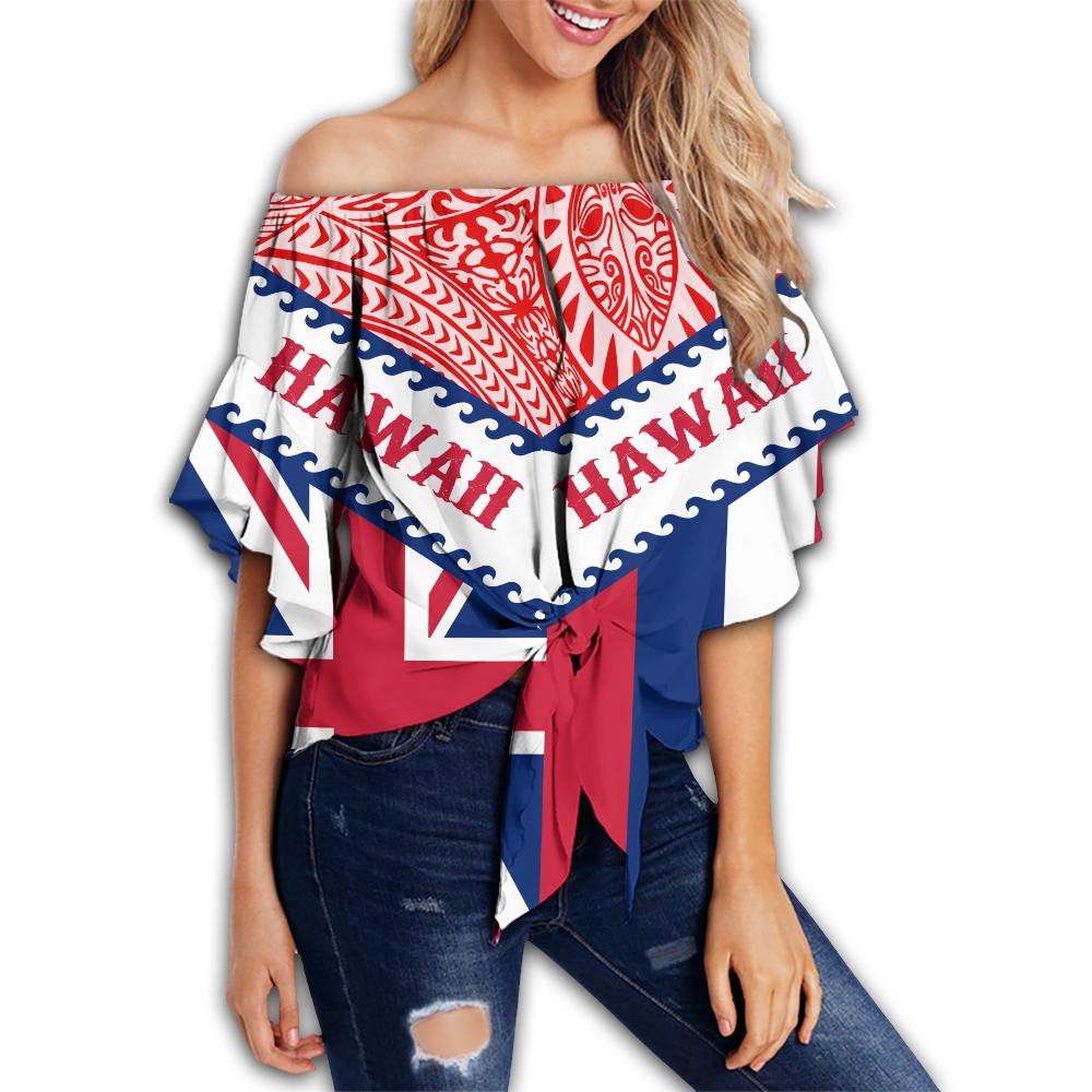 Hawaii Flag Women's Off Shoulder Wrap Waist Top - Red - Mit Style - AH Female Red - Polynesian Pride