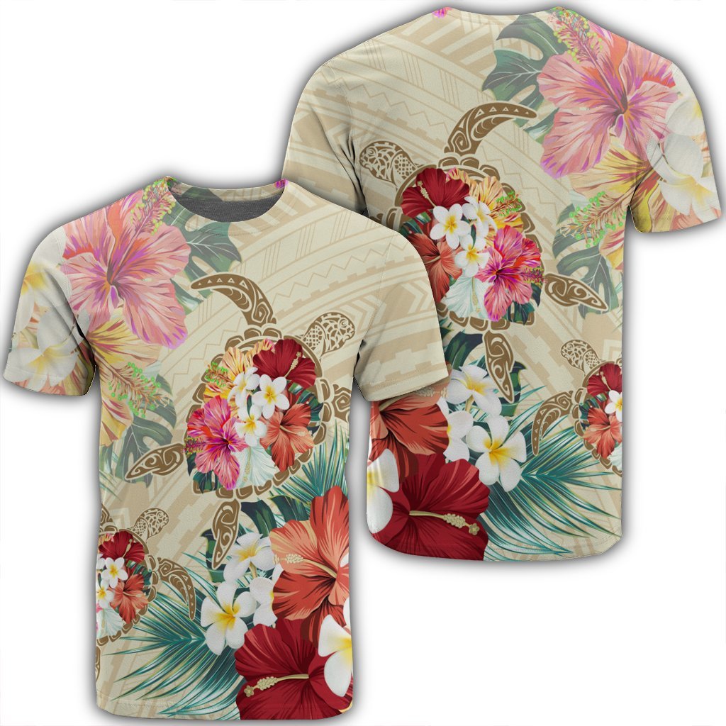 Hawaii Floral Turtle T Shirt Beige Unisex Black - Polynesian Pride