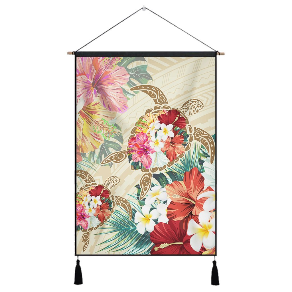 Hawaii Floral Turtle Hanging Poster - Beige - AH Hanging Poster Cotton And Linen - Polynesian Pride