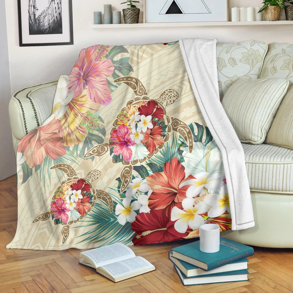 Hawaii Floral Turtle Premium Blankets - Beige - AH White - Polynesian Pride