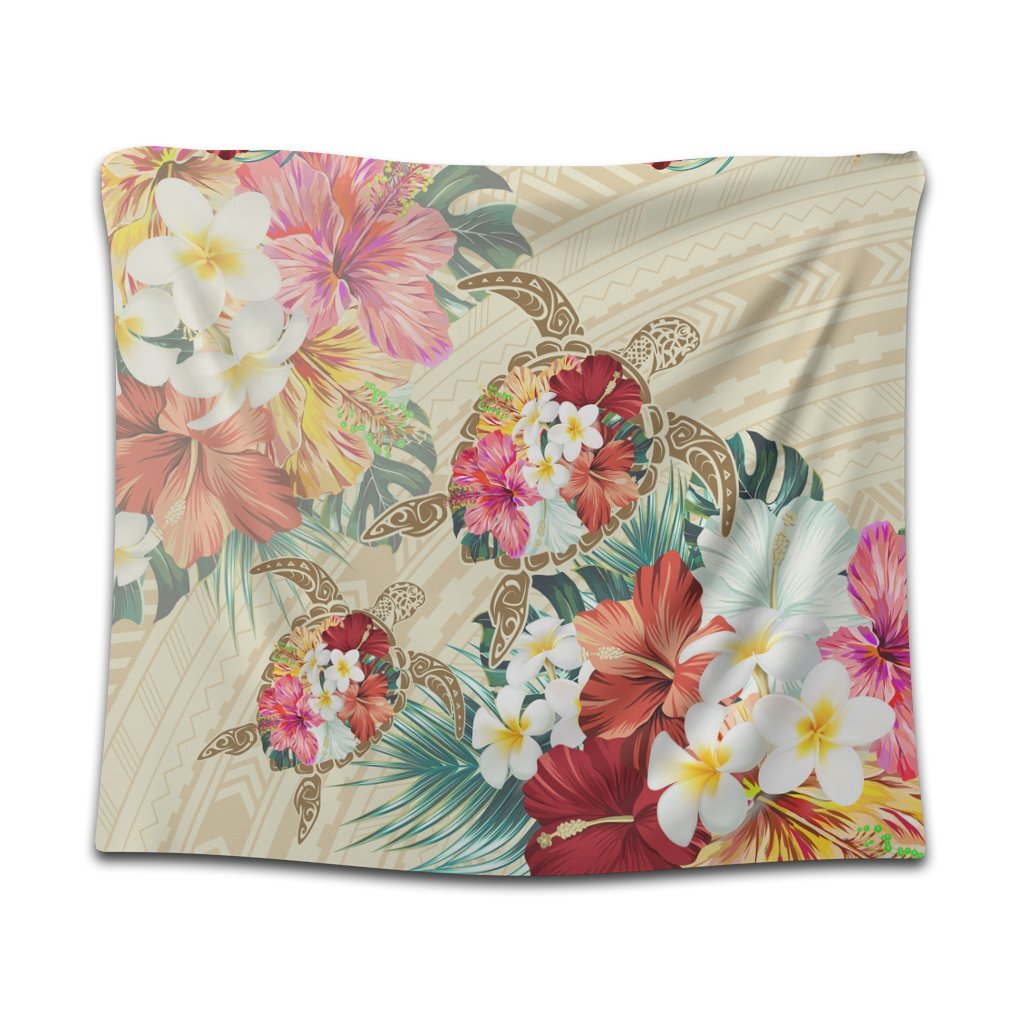 Hawaii Floral Turtle Tapestry - Beige - AH Wall Tapestry Black - Polynesian Pride