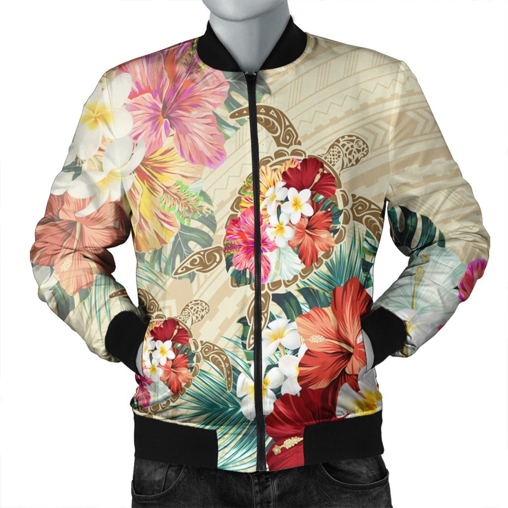 Hawaii Floral Turtle Bomber Jacket - Beige - AH Black Unisex - Polynesian Pride