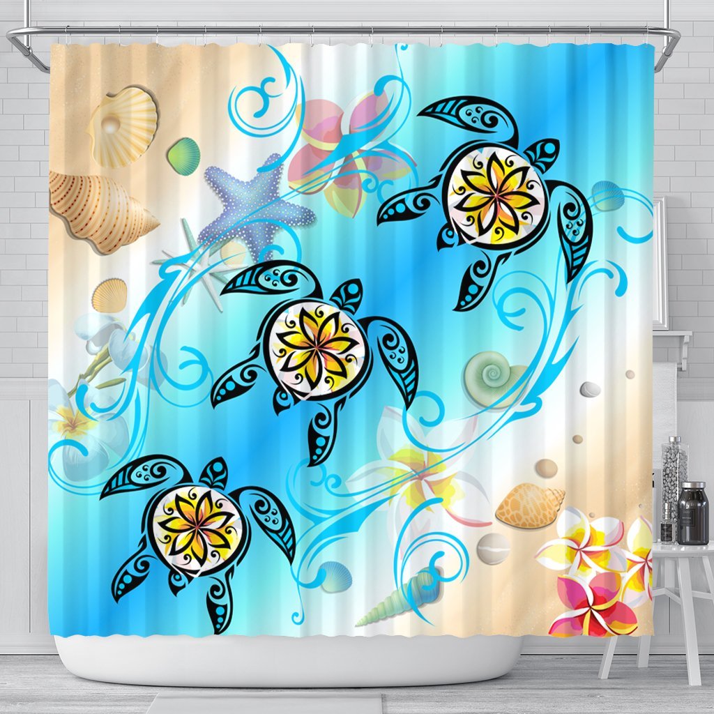 Hawaii Fresh Beach Turtle Plumeria Shower Curtain - AH - Brian Style 177 x 172 (cm) Black - Polynesian Pride