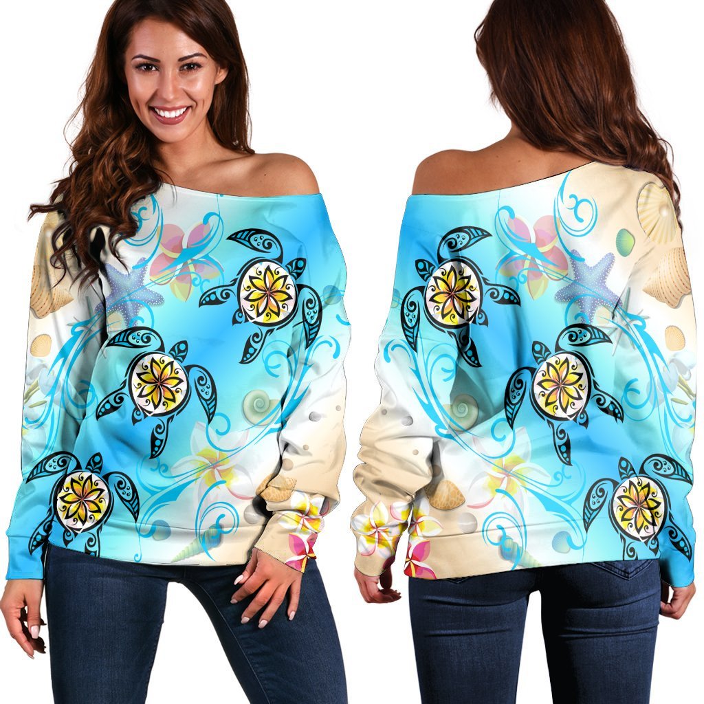 Hawaii Fresh Beach Turtle Plumeria Women's Off Shoulder Sweater - AH - Brian Style Black - Polynesian Pride