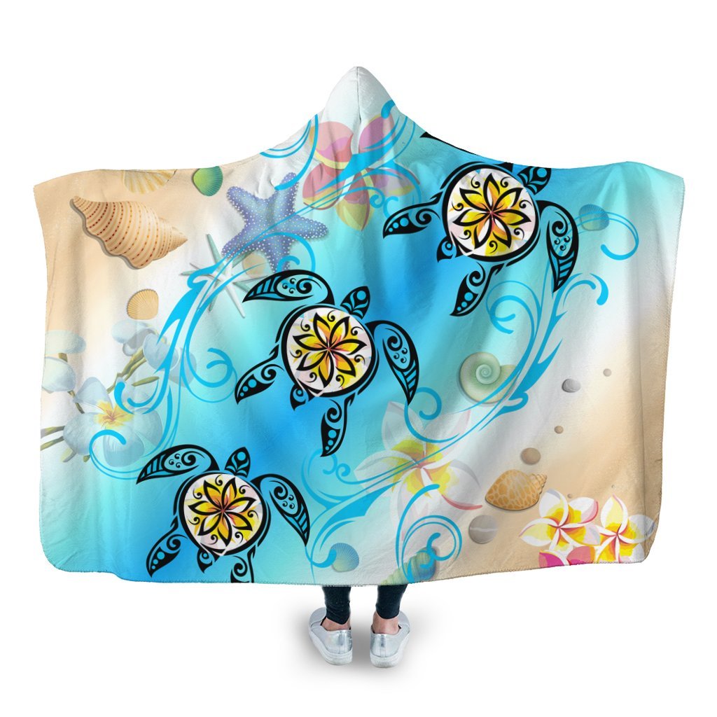 Hawaii Fresh Beach Turtle Plumeria Hooded Blanket - AH - Brian Style Hooded Blanket White - Polynesian Pride