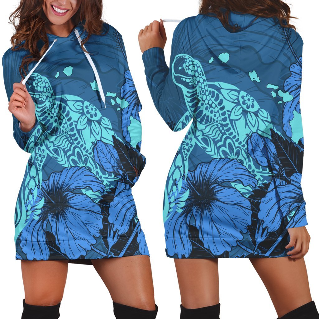 Hawaii Hibiscus Turtle Hoodie Dress - AH Black - Polynesian Pride