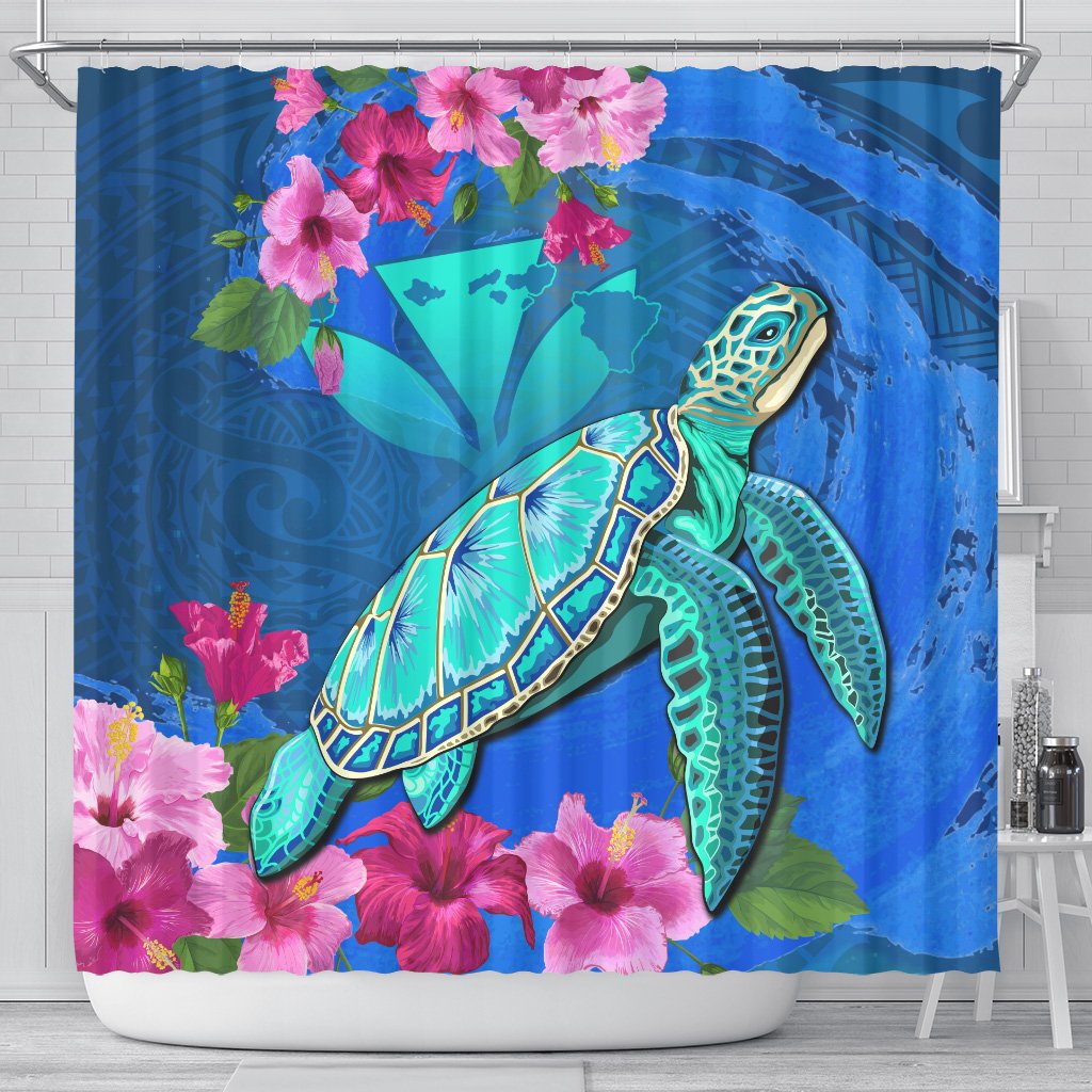 Hawaii Honu Aumakua Sea Hibiscus Shower Curtain - Nin Style 177 x 172 (cm) Blue - Polynesian Pride