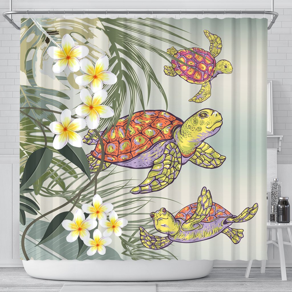 Hawaii Honu Chibi Sea Plumeria Shower Curtain - AH 177 x 172 (cm) Black - Polynesian Pride