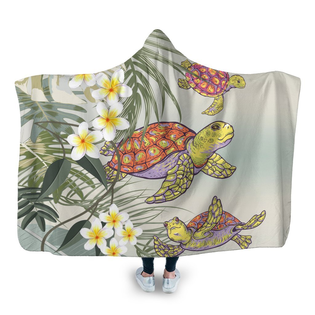 Hawaii Honu Chibi Sea Plumeria Hooded Blanket - AH Hooded Blanket White - Polynesian Pride