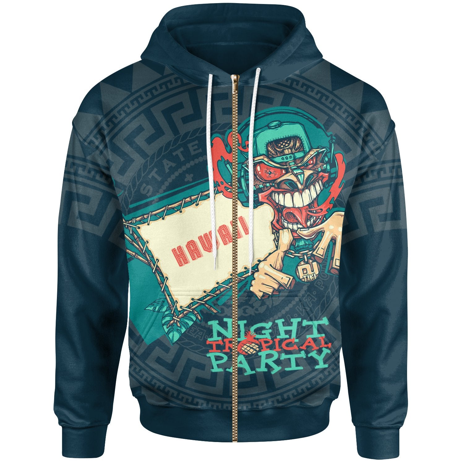 Hawaii Zip up Hoodie Tiki DJ Party Unisex Green - Polynesian Pride