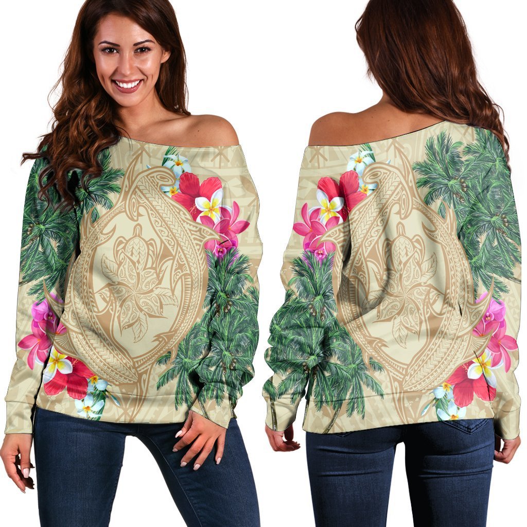 Hawaii Kanaka Maoli Palm Trees Turtle And Sharks Women's Off Shoulder Sweater - AH Black - Polynesian Pride