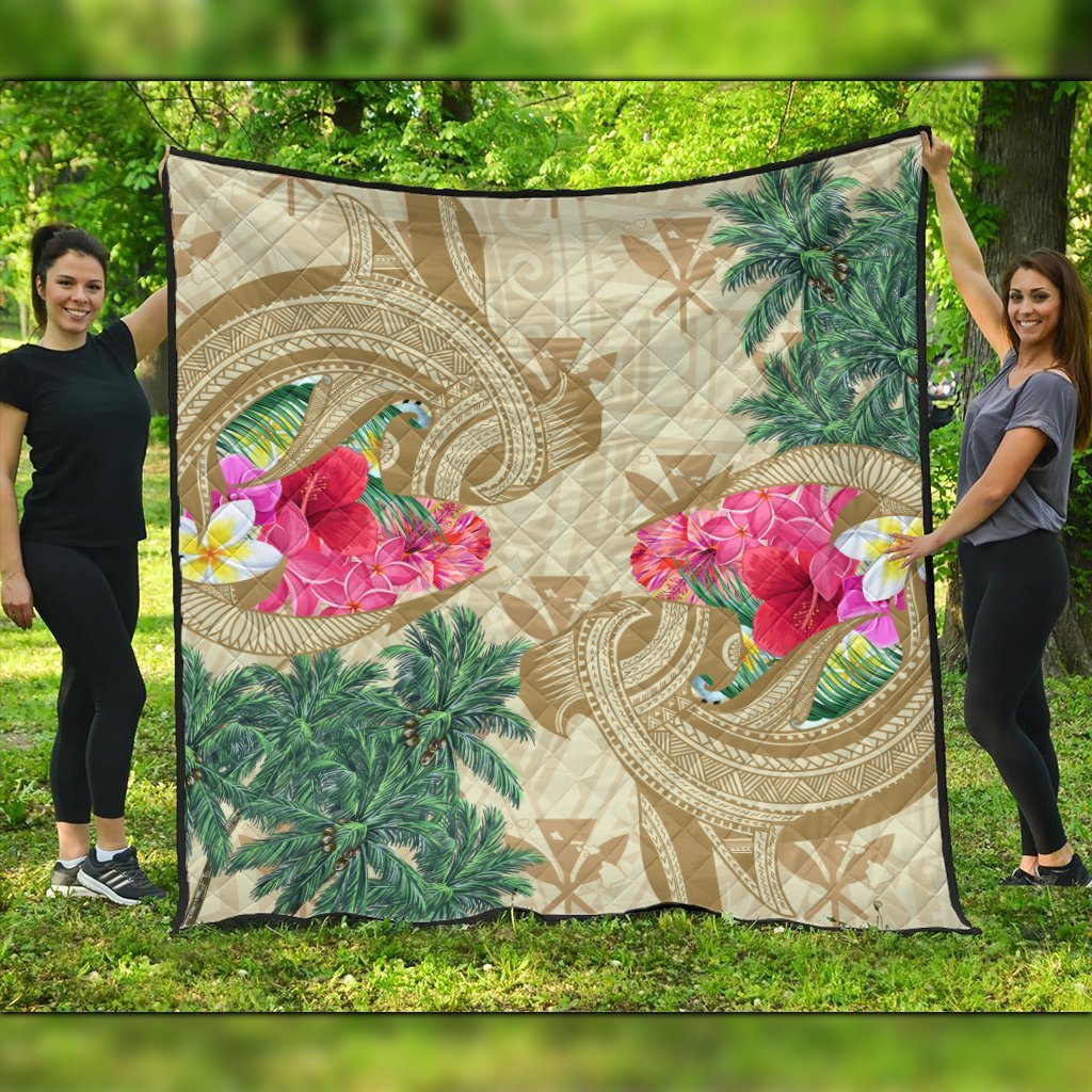 Hawaii Kanaka Maoli Plumeria Palm Trees Hammer Shark Premium Quilts - AH Black - Polynesian Pride