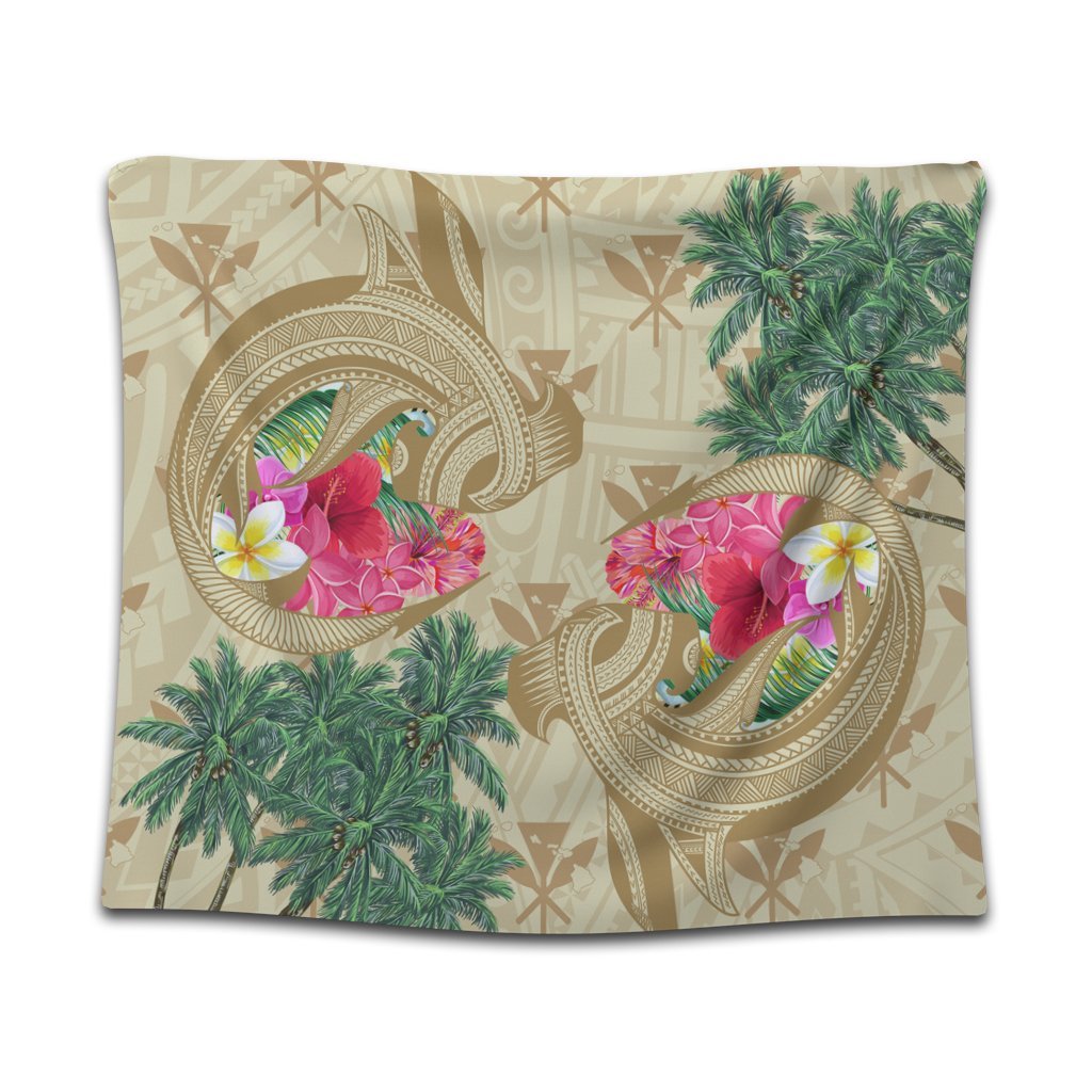 Hawaii Kanaka Maoli Plumeria Palm Trees Hammer Shark Tapestry - AH Wall Tapestry Black - Polynesian Pride