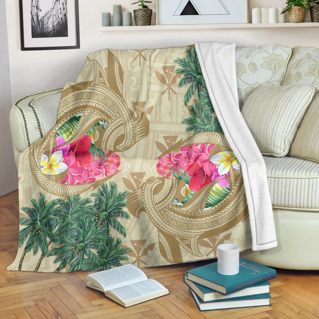 Hawaii Kanaka Maoli Plumeria Palm Trees Hammer Shark Premium Blankets - AH White - Polynesian Pride